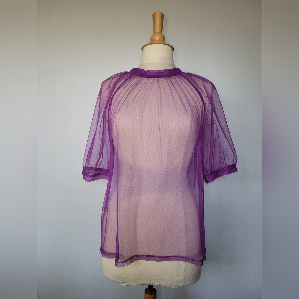 NWT! DKNY Purple Sheer Tulle Overlay Puffy Sleeve Blouse Top SZ M - Picture 2 of 8